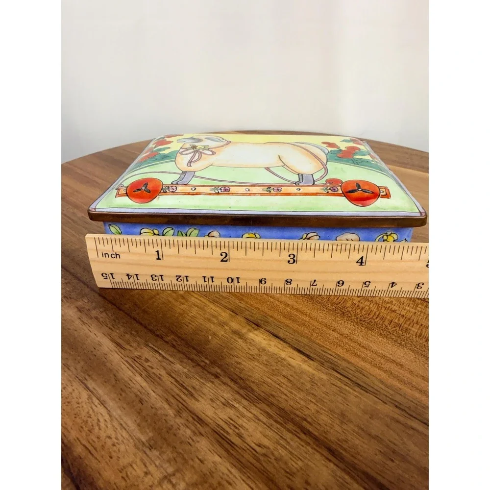 Vintage Sheep Pull Toy Folk Art Trinket Box -Whimsical Enamelware Jewelry Box